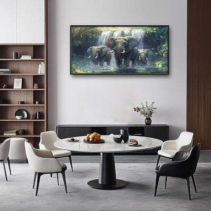 Large Elephant Wall Art for Living Room, Framed Oversized Forest Waterfall Wall Decor, Nature Landscape Canvas Painting Wildlife Artwork for Living Room Dining Room Bathroom Bedroom Office 60"x30"