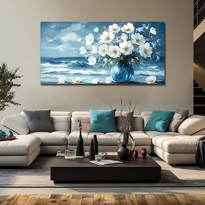 Flower Wall Art for Living Room, Ocean Canvas Wall-Decor for Bedroom, Blue and White Picture Print Artwork for Office, Large Size 59 x 29 Inches