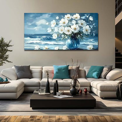 Flower Wall Art for Living Room, Ocean Canvas Wall-Decor for Bedroom, Blue and White Picture Print Artwork for Office, Large Size 59 x 29 Inches