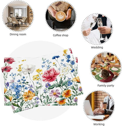 Poppy Floral Placemats Set of 6, Watercolor Wildflower Place Mats, Leaves Spring Dining Table Mats, Washable Flower Placemats for Kitchen Dining Room Home Decor 18L'' × 12W''