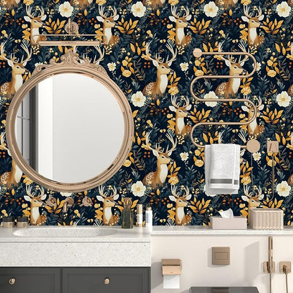Deer Wallpaper Peel and Stick Vintage Blue Gold Floral Wallpaper Contact Paper 17.5" × 118" Waterproof Vinyl Self Adhesive Dark Wall Paper for Bedroom Walls Cabinet Locker Decor