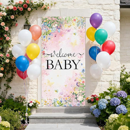 Wildflower Baby Shower Decorations Banner - Floral Welcome Baby Door Banner Party Supplies, Flower Theme Photo Background for Birthday Baby Shower Gender Reveal (72.8 x 35.4 inch)