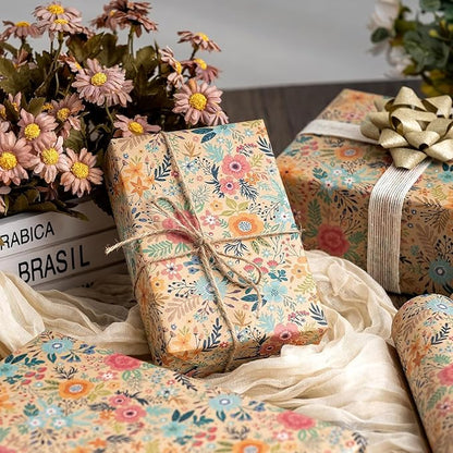 MAYPLUSS Colorful Floral Kraft Wrapping Paper Roll - 17Inch x 16.5Feet - Garden Boho Flower Gift Wrap Paper Spring Summer Blooms Sheet for Wedding, Bridal Shower, Birthday and Engagement