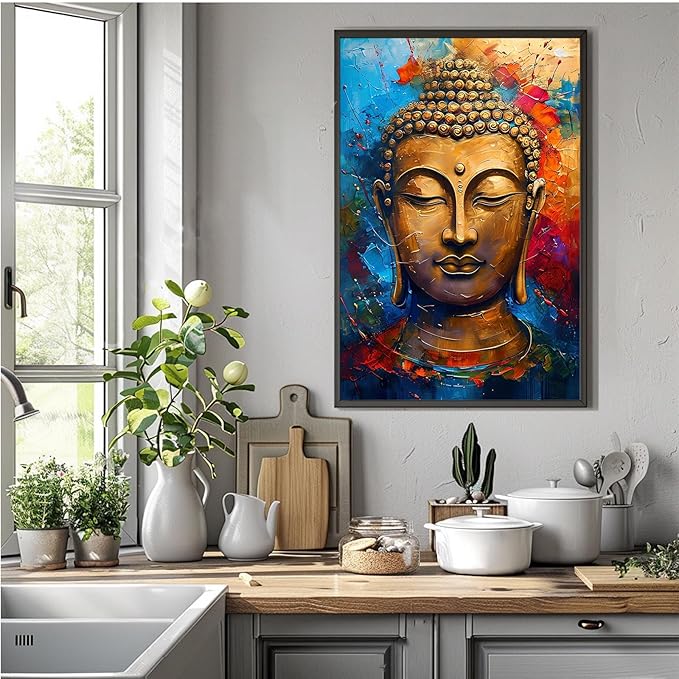 Golden Serenity Buddha Vintage Painting Wall Art Spirituality and Modern Art Wall Decor Adds Brilliance to Vibrant Home Decor 16x24in Metal blackFramed