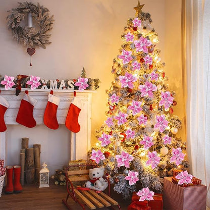 WILLBOND 36 Pieces Christmas Poinsettia Glitter Faux Flowers Christmas Artificial Flowers Tree Ornaments Topper Xmas Decorations(Pink)