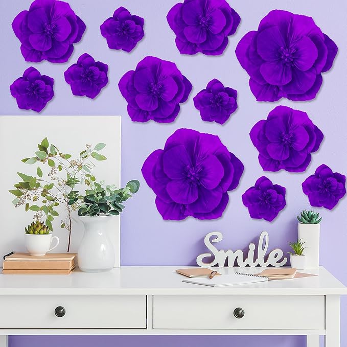 Giant Paper Flowers Artificial Large Paper Flower Decoration for Handcrafted Wall Backdrop Christmas Mexican Wedding Graduation Bridal Shower Birthday Party Supplies(Purple,12 Pcs)