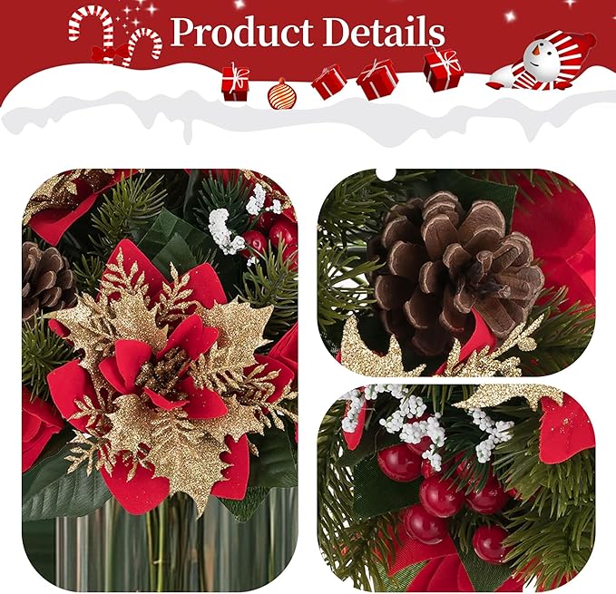 BLOSMON Poinsettias Christmas Flowers Decorations: 6 Pcs Red Gold Glitter Fake Christmas Floral Ball Centerpieces Artificial for Tables Silk Faux Poinsettia Holiday Flower Arrangement Xmas Plant Decor