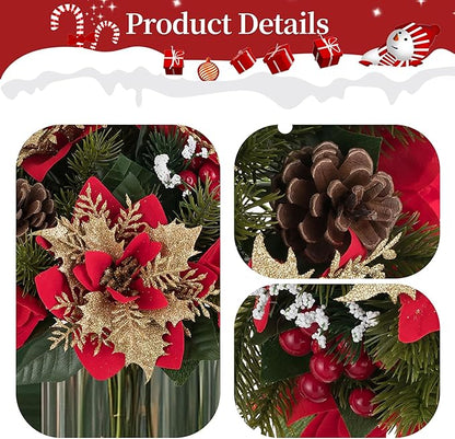 BLOSMON Poinsettias Christmas Flowers Decorations: 6 Pcs Red Gold Glitter Fake Christmas Floral Ball Centerpieces Artificial for Tables Silk Faux Poinsettia Holiday Flower Arrangement Xmas Plant Decor