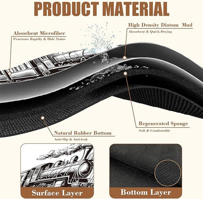 Retro Steam Train Dish Drying Mat for Kitchen Counter Bar Mat Hide Stain Absorbent Rubber Backed Coffee Mat Coffee Maker Espresso Machine Bar Accessories 11.8 x 19.7 Inch