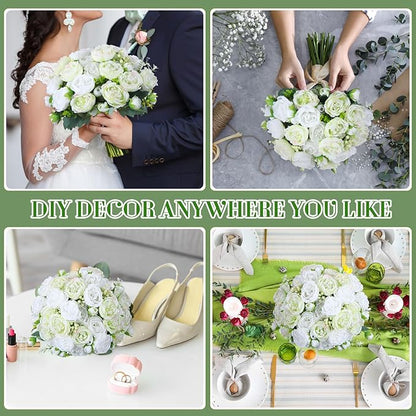 Geosar 8 Bundles Artificial Peonies Flowers Fake Silk Peony Bouquet Faux Peonies Flowers Bulk for Decoration Vase Floral Arrangements Wedding Party Table (White,Green)