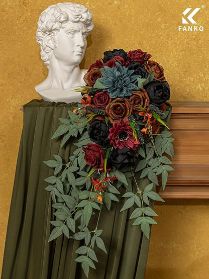 FANKO Artificial Flowers Black Rose: Mixed Fake Silk Flowers Combo Brown Rose Dusty Blue Dahlia Burgundy Sunflower Vintage for DIY Wedding Bridal Bouquets/Centerpieces/Home Decor