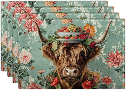 Highland Cow Placemats Set of 4 Farmhouse Flower Cattle Fruits Placemats Funny Animal Table Mats Wildlife Farmhouse Cow Place Mats for Party Kitchen Dining Decoration 4 PCS