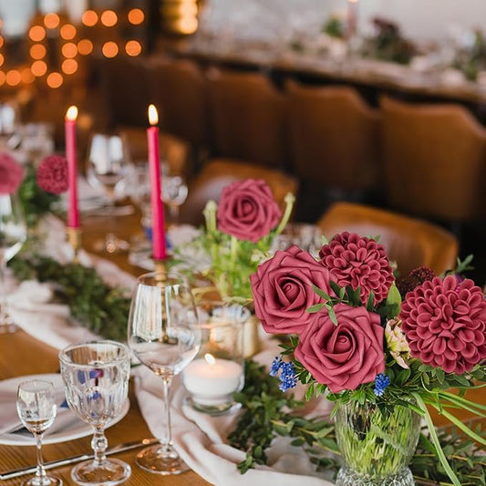 Artificial Flowers, 50pcs Hot Pink Artificial Rose for DIY Wedding Bouquets Centerpieces Arrangements, Hot Pink Rose and Dahlia Flowers with Stems for Bridal Shower Party Home Decorations