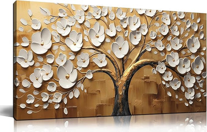 Large Wall Art for Living Room Bedroom Office Tree Art Wall Decor Gold Artwork Tree of Life Wall Art White Flower Framed Wall Decor Modern Canvas Prints 20x40 In