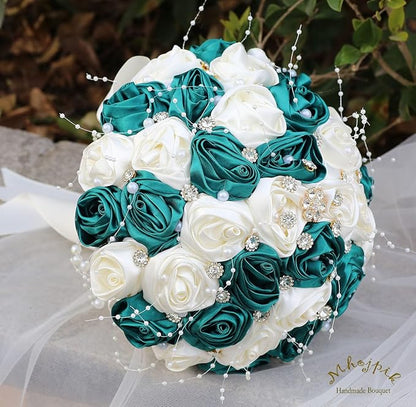 Bridal Wedding Bouquet Round Bling Brooch Bouquet Throw Toss Artificial Rose Flower Bunch for Bride Bridesmaid Wedding Quinceanera(Dark Green & Ivory, 6.3")