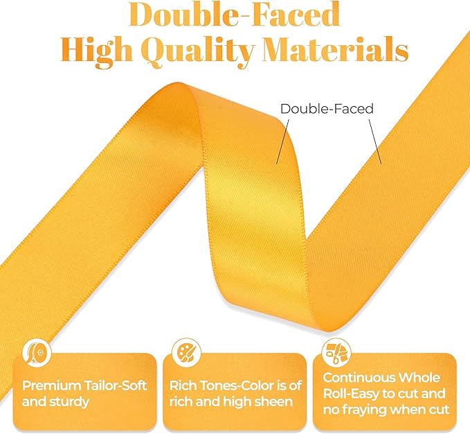 Yellow Gold Satin Ribbon, Double Faced 1 Inch X 50 Yards Yellow Gold Ribbon, Premium Satin Ribbon for Gift Wrapping, Crafts, Hair Bow Making, Sewing, Flower Bouquet, Wedding Party Decor