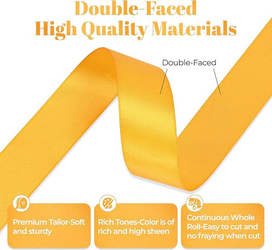 Yellow Gold Satin Ribbon, Double Faced 1 Inch X 50 Yards Yellow Gold Ribbon, Premium Satin Ribbon for Gift Wrapping, Crafts, Hair Bow Making, Sewing, Flower Bouquet, Wedding Party Decor