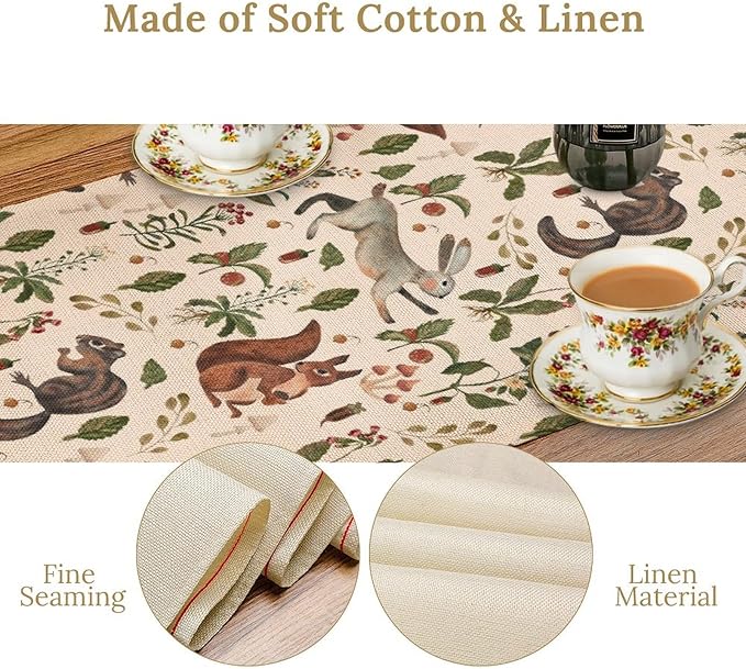 Rustic Forest Table Runner, Cartoon Woodland Wild Animals Rabbit Fox Vintage Botanical Mushroom Herbs Table Cover for Indoor Outdoor Home Decor Party, 13x70inch