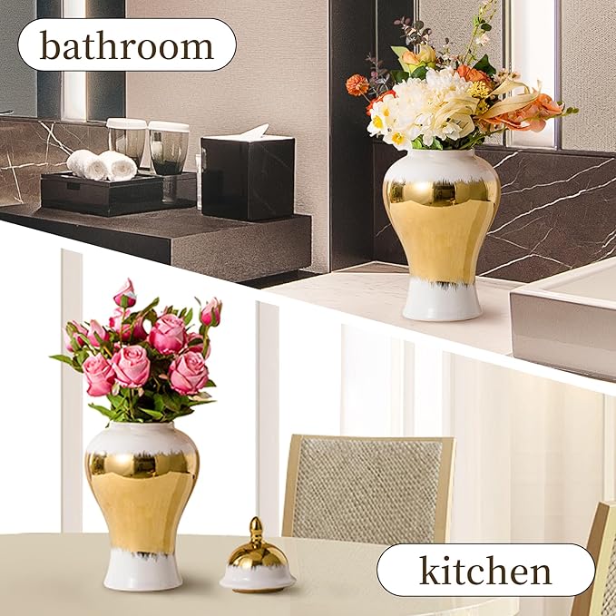 Ginger Jar, White Ceramic Ginger Jars Vase with Gold Trim, White and Gold Vases for Decor Kitchen, Bookshelf Decor, Table Center-Vase, Temple-Jar(12in