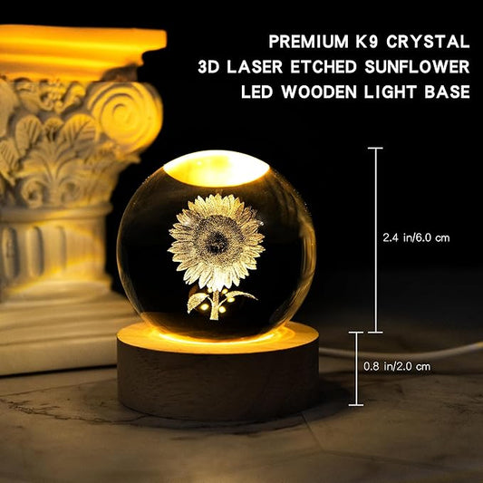 3D Laser Etched Sunflower Crystal Ball, Sunflower Decor Glass Sphere Lamp Night Light, Crystal Flower Figurines Collectibles Gifts for Mom Women Girls