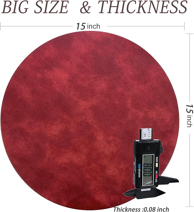 UnivoColors PU Leather Placemats Set of 8,15 Inches Round Washed Cowhide Pattern Table Mats for Dining Table, Kitchen, Party Decoration(Retro Red)