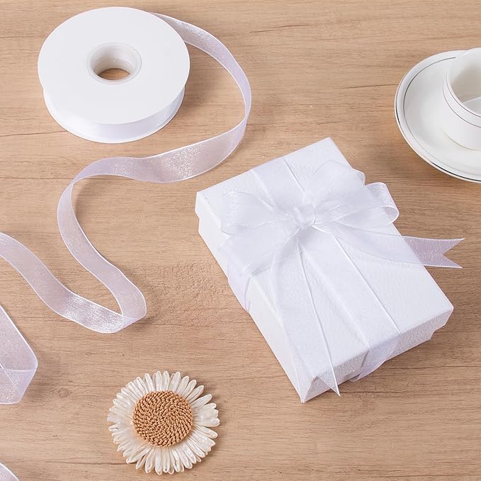 Sheer Organza Ribbon 1 Inch Chiffon Ribbons for Gift Wrapping, Flower Bouquet, 50 Yards/Roll (White)