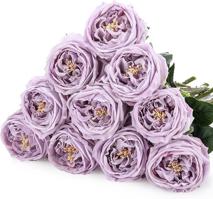 10pcs Real Touch Peonies Artificial Flowers, Faux Austin Rose with Long Stem Look Real Fake Flower for Christmas Valentines Arrangement Wedding Party Home Kitchen Decor (Light Purple)