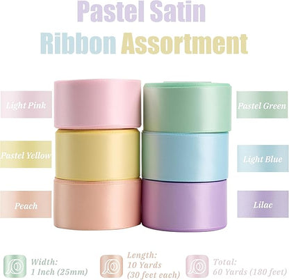 Pastel Ribbon 1 Inch Pastel Rainbow Satin Colorful Assorted Ribbon 6 Rolls for Gift Wrapping, Multicolor Flower Bouque Crafts Birthday Party Wedding - 60Yards