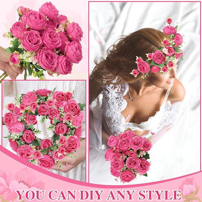 8 Pack Hot Pink Peonies Artificial Flowers, Fake Silk Hydrangea Bouquet for Bridal Wedding Home Table Decor Reusable Dining Opening Ceremony Birthday Arrangement Faux Floral