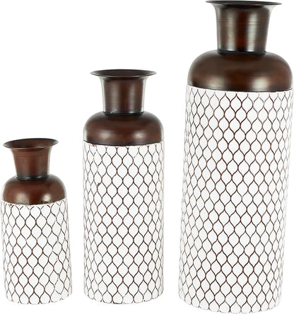 Deco 79 Metal Decorative Vase Tall Trellis Floor Centerpiece Vases with Brown Trumpet Tops, Set of 3 Flower Vases for Home Decoration 52", 39", 27" H, White