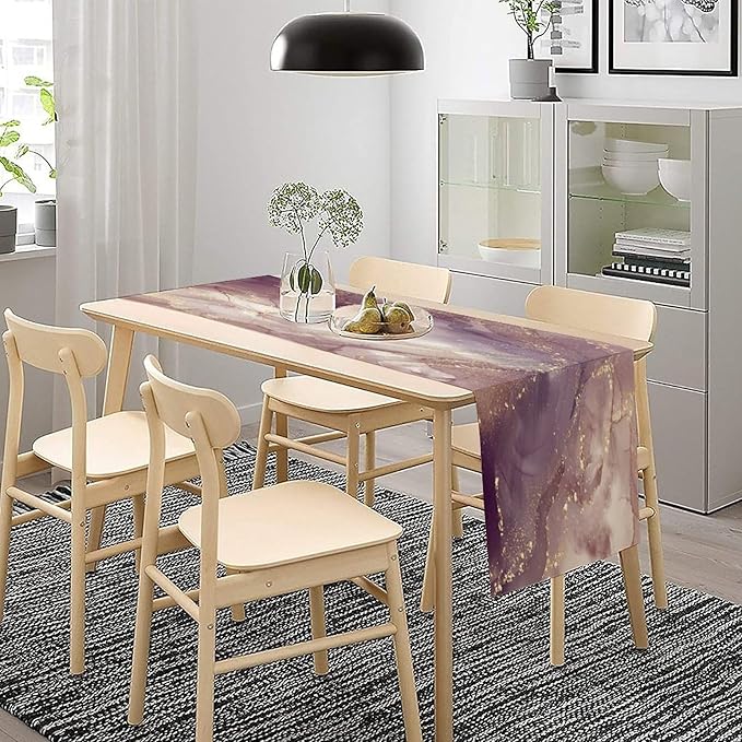 Pink Marble Table Runner Purple Maroon Gold Veins Unique Ombre Abstract Modern Luxury Ink Texture Seasonal Dinner Runner Table Decoration for Home Kitchen Dining Holiday Party 13x70in