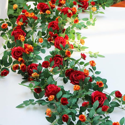 6FT Bendable Flower Garland, Artificial Rose Vine Hanging Floral Garland Decoration for Weding Home Room Wall Decor (Red, 2pcs)
