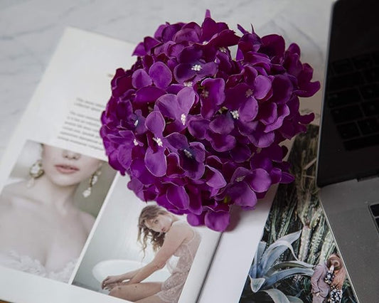 DuHouse Hydrangea Silk Flowers Artificial Flowers with Stem Fake Flower Heads for Wedding Centerpiece Home Decor Pack of 6 (Dark Purple)