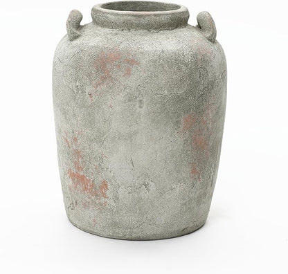 LuxenHome Rustic Ceramic Vase, 13.4" Tall Old-World Gray & Brown Round Terracotta Vases with Handles, Big Farmhouse Pottery for Dining Table Decor, Vintage Flower Vase for Living Room Home Decor