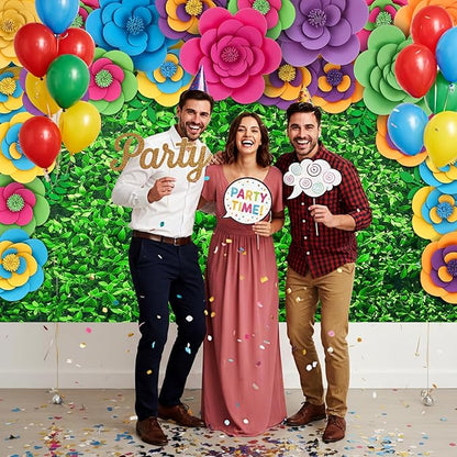 Frienda 36 Pcs DIY Paper Flower Decor Set with 83x59 Inch Custom Background Cloth and Rope, Artificial 3D Flower Wall Decor for Wall Bulletin Board Wedding Halloween Mexican Festive Party(Grass)