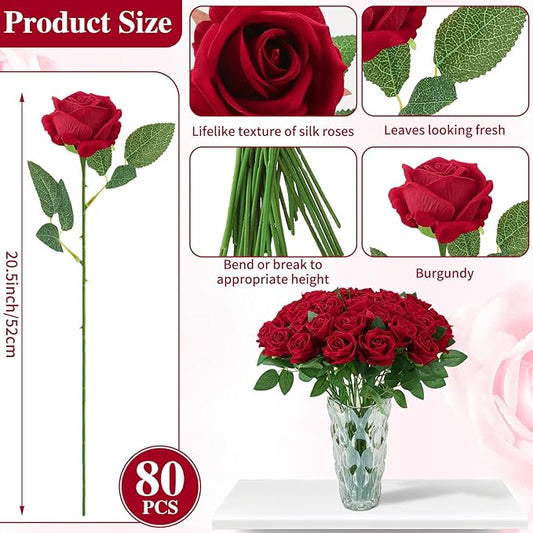 80 Pcs Roses Artificial Flowers, Silk Crimson Burgundy Artificial Flowers Petals Long Stem Roses for Wedding Bouquet Home Party Decor