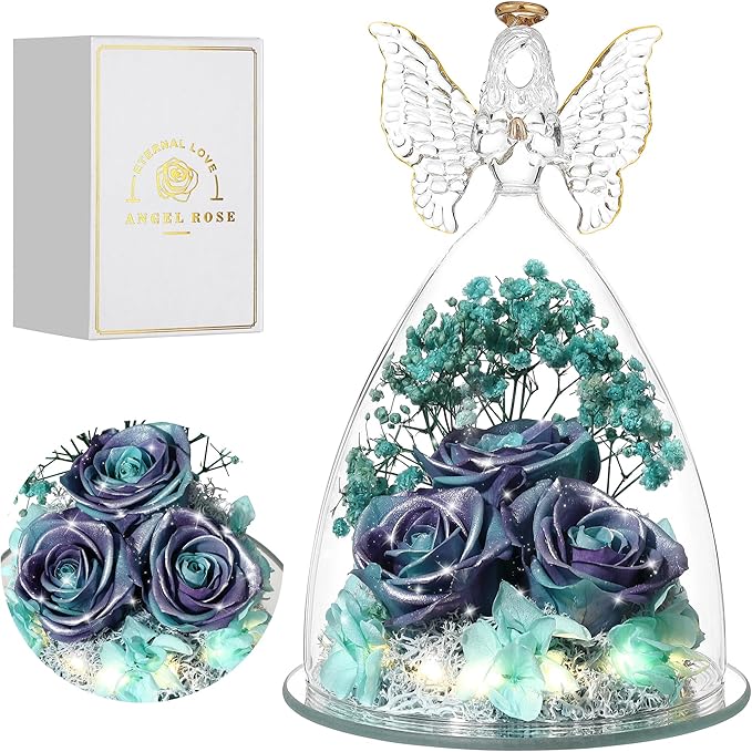 Christmas Rose Gifts for Women Preserved Real Flower in Glass Angel Figurines Roses for Delivery Prime Birthday Gifts for Mom Grandma Girlfriend Wife Her, GlitterPurpleAquablue