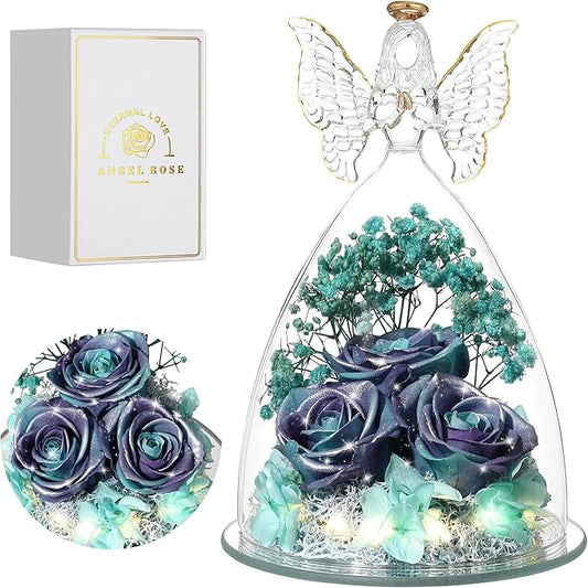 Christmas Rose Gifts for Women Preserved Real Flower in Glass Angel Figurines Roses for Delivery Prime Birthday Gifts for Mom Grandma Girlfriend Wife Her, GlitterPurpleAquablue
