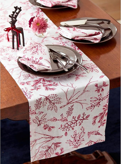 Solino Home 100% Pure Linen Christmas Table Runner 72 Inches Long - Red/White Table Runner 14 x 72 Inch - Handcrafted and Machine Washable - Winter Forest Print