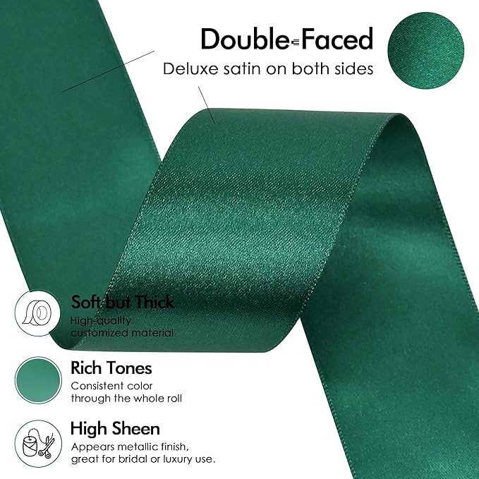 MEEDEE Dark Green Satin Ribbon - 1-1/2 inch Double Faced, Perfect for Christmas Tree, Wreaths, Weddings, Flower Bouquets