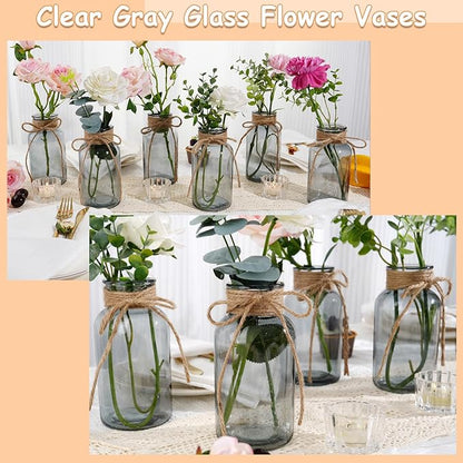 Vintage Glass Vases for Flowers, Set of 6 Grey Vases for Farmhouse Wedding Centerpiece Cylinder Bottle for Reception Table Decoration Home Decor Floral Arrangements