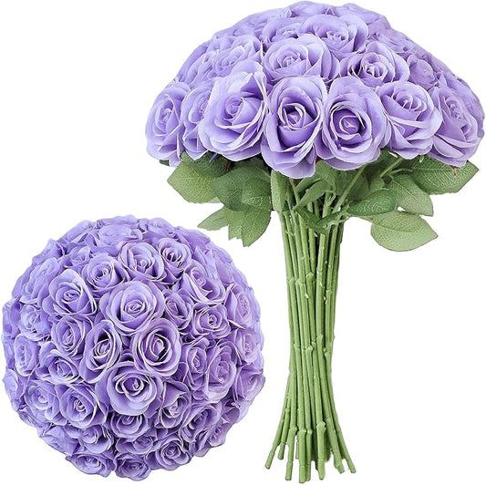 Artificial Rose Flower Artificial Flowers Flower with Long Stem Silk Roses Bouquet for Wedding Bridal Shower Party Home Decoration (Lavender, 30 Pcs)