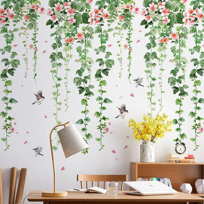 4 Sheets Green Plants Flower Wall Decals Hanging Vine Green Leaves Wall Stickers Watercolor Pink Flowers Wall Art Nature Removable Peel and Stick Wallpaper for Kids Bedroom Nursery Home Decoration 21