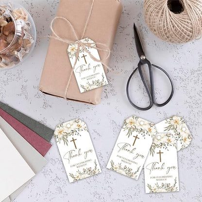 Thank You for Celebrating with Us Tag, 50 Pcs Baptism Paper Lables, 2x3 Inch Baptism Floral Gift Tags with String for Wedding Birthday Baby Shower Bridal Shower, Party Decoration-A02