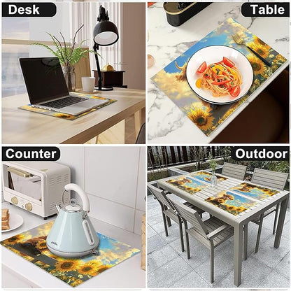 Cute Highland Cow Placemats Set of 4 Washable Table Mats Summer Yellow Sunflower Heat-Resistant Cotton Linen Place Mats for Dining Table Kitchen Indoor Outdoor Party Holiday Decor