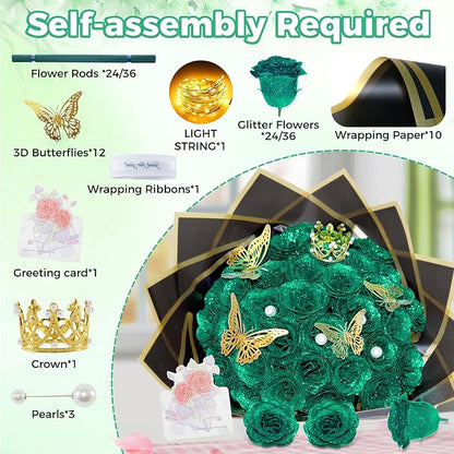 Dark Green Glitter Roses Bouquet, 24 Pcs Shiny Glitter Flowers Bouquet, Everlasting DIY Artificial Roses Bouquet for Christmas, Birthday, Anniversary, Wedding, Engagement