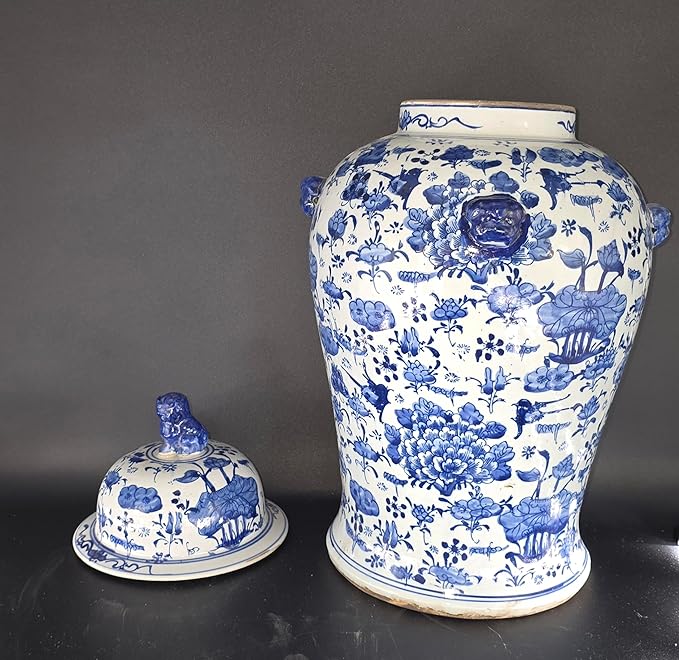 19" Antique Like Finish Blue and White Ginger Jars Porcelain Temple Ceramic Ginger Jar Vase, China Ming Style, Lotus and Flowers Jingdezhen(L5)