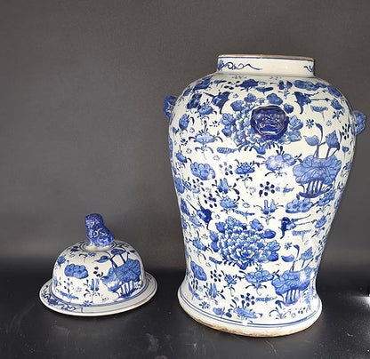 19" Antique Like Finish Blue and White Ginger Jars Porcelain Temple Ceramic Ginger Jar Vase, China Ming Style, Lotus and Flowers Jingdezhen(L5)