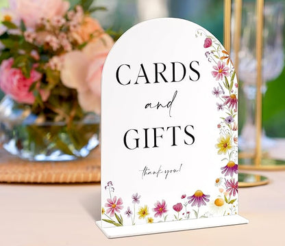 6x8" Cards and Gifts Sign for Wedding Table Decor, Wild Flower Arch Acrylic Wedding Signs for Reception, Floral Bridal Shower Engagement Party Decor for Baby In Bloom Baby Shower Decorations