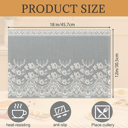 Lace Flower Placemats Set of 6,Washable Heat Resistant 12×18 Inch Linen Table Mats White Gray Place Mats for Party Outdoor Dining Décor